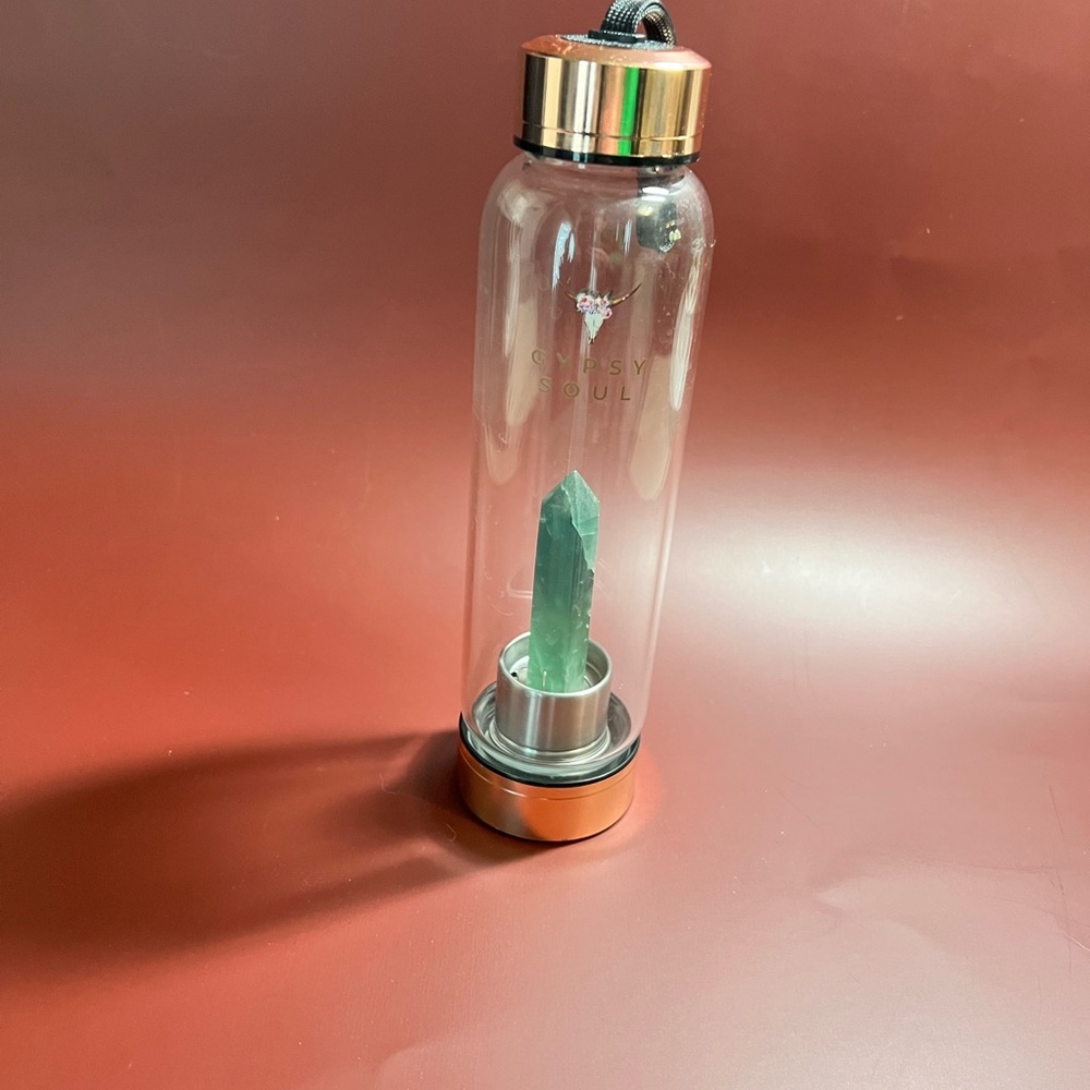 Gypsy Soul‎ Chakra Glass Water Bottle W/ Aquamarine Crystal